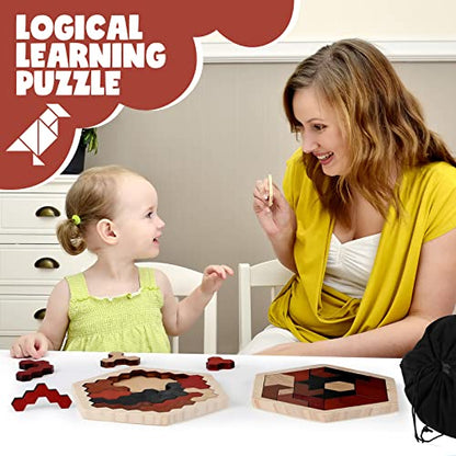 Yunsailing 3 Pack Large Hexagon Tangram Puzzle Wooden Brain Puzzles for Adult Challenge Wood Russian Blocks Brain Teasers Geometric Jigsaw Block Logic Iq Stem Family Graduation Gifts(Vintage) - style: Retro