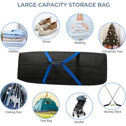 Sports Duffle Bag, 60 Inch Extra Large - Heavy Duty for Travel Gym Camping | 600D PU fabric, reinforced stitching & dual-zipper top. Padded suitcase-style grab handle. Wide blue webbing trim. - size: 60-inch