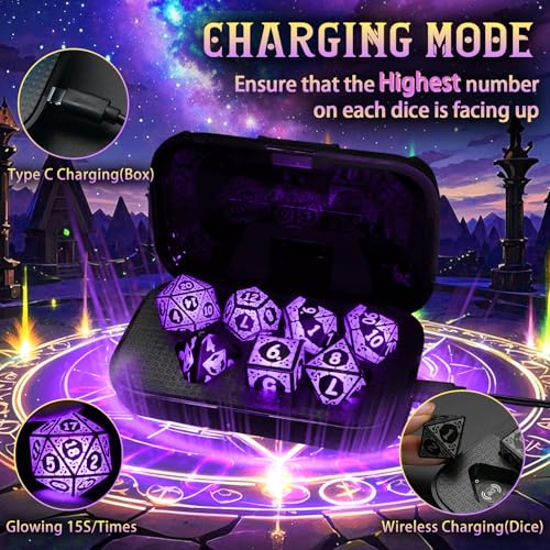 LED DND Dice Set, Light up Dice Rechargeable for RPG DM Gifts, Purple | ZHOORQI D and D Polyhedral Dice with Charging Box, Glow in The Dark Dice Easy Reading for Dungeons and Dragons TTRPG - color: Purple-shackles