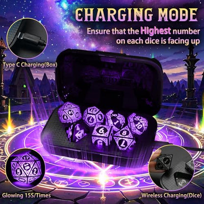 LED DND Dice Set, Light up Dice Rechargeable for RPG DM Gifts, Purple | ZHOORQI D and D Polyhedral Dice with Charging Box, Glow in The Dark Dice Easy Reading for Dungeons and Dragons TTRPG - color: Purple-shackles