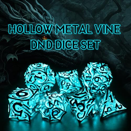 FONVGOGO Glow in The Dark Light up DND Dice Metal for Dungeons and Dragon 7 Polyhedral Dice Set Hollow Metal Vine D and D RPG Dice for Role Playing Game (Vine Glow Blue) - color: Vine Glow Blue