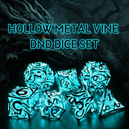 FONVGOGO Glow in The Dark Light up DND Dice Metal for Dungeons and Dragon 7 Polyhedral Dice Set Hollow Metal Vine D and D RPG Dice for Role Playing Game (Vine Glow Blue) - color: Vine Glow Blue