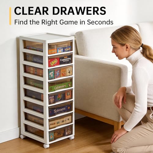 Board Game Storage Cabinet - Plastic Clear Storage Containers, 8-Tier Large Capacity, with Individual Pull-Out Drawers, Lockable Wheels Casters, Ideal for Card Game Boxes and Standard-Size Board Games