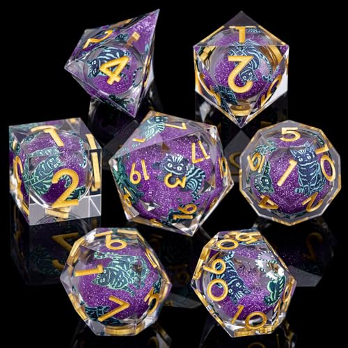 DND Cat Dice 7PCS Polyhedral Sharp Edge Dice Set with Gift Case for Dungeons Dragons Role Playing Game, RPG Resin D and D Dice D6 D8 D10 D12 D20 D% (Gold Purple) - color: Cat2-gold Purple