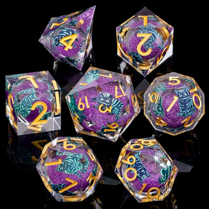 DND Cat Dice 7PCS Polyhedral Sharp Edge Dice Set with Gift Case for Dungeons Dragons Role Playing Game, RPG Resin D and D Dice D6 D8 D10 D12 D20 D% (Gold Purple) - color: Cat2-gold Purple