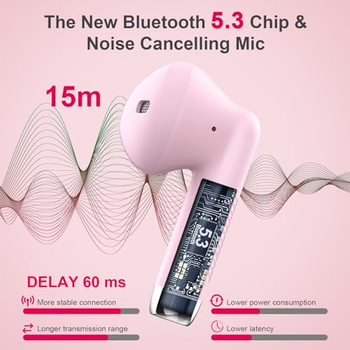 Wireless Earbuds, Bluetooth 5.4 Earbuds Stereo Bass, Bluetooth Headphones | in Ear Noise Cancelling Mic, Wireless Earphones IP7 Waterproof Sports, 32H Playtime Mini USB C Charging Ear Buds Light Pink - color: light pink