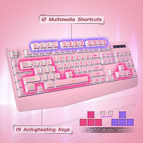 Pink Creamy Keyboard Wired, LED Backlit, 104 Keys Silent Light Up Gaming | Rainbow LED Backlit, Gaming Keyboard with Wrist Rest, PBT Keycap, Anti-ghosting, Waterproof USB Wired for PC Mac Xbox - color: pink