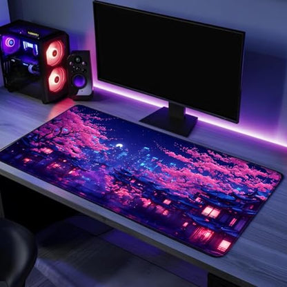 Simpkeely Fantasy Night City Gaming Mouse Pad, Blacklight Japanese Residential Buildings Landscape Neon Large Waterproof UV Reactive Non-Slip Rubber Base Mousemat for Office Home - 31.5" x 11.8" - color: Japanese City