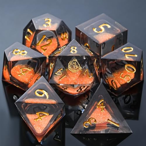 Liquid Core Dice Set - Handcrafted d&d dice Sharp Edge 7Die Resin Dice with Colorful Quicksand Effect,Polyhedral D and D Dice Set for Dungeons and Dragons RPG MTG Table Games BLBZE BEHR SOUL - color: Orange Gold Text, style: BLBZE BEHR SOUL