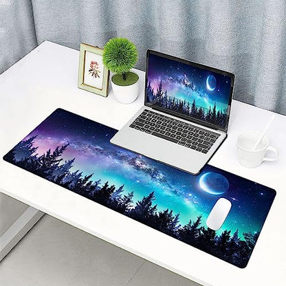 Gaming Large Mouse Pad with Stitched Edges, Galaxy Desk Mat, Extended Keyboard Pad, Non-Slip Rubber Base Desk Pad for Keyboard and Mouse, 31.5X11.8 inch, Moon Starry Sky - color: 16 Moon Starry Sky