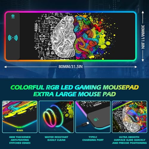 ToLuLu RGB Gaming Wireless Charging Mouse Pad, 7.5/10/15W 10 Light Modes LED Mouse Pad Computer Keyboard Mat Mousepad, 800x300x4MM Extended Large Desk Mat for Gaming, MacBook, Laptop, PC, Human Brain - color: Human Brain