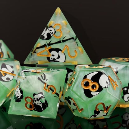 Haxtec Panda DND Dice Set Green Sharp Edge Resin Dice Set with Dice Case, Animal Sticker D and D Dice Polyhedral D&D Dice Set for Dungeons and Dragons TTRPGs DND Gift - color: Green Black