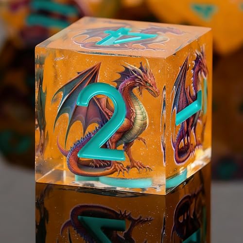 Double Layered Resin Dice Set 7pcs Dragon Pattern& Blue umbers Sharp Edged Polyhedral Dice Apply to D&D DNDRole Playing Game RPG Party Gift - color: Dragon Yellow