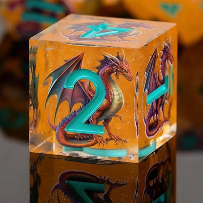 Double Layered Resin Dice Set 7pcs Dragon Pattern& Blue umbers Sharp Edged Polyhedral Dice Apply to D&D DNDRole Playing Game RPG Party Gift - color: Dragon Yellow