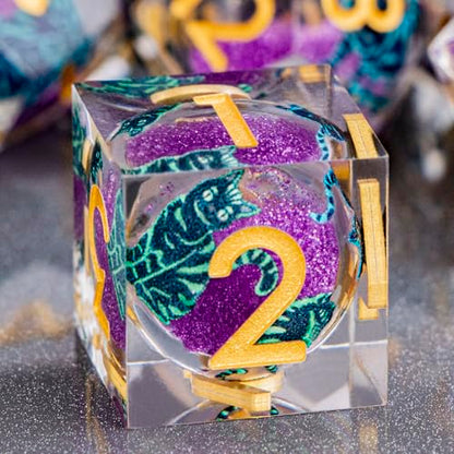 DND Cat Dice 7PCS Polyhedral Sharp Edge Dice Set with Gift Case for Dungeons Dragons Role Playing Game, RPG Resin D and D Dice D6 D8 D10 D12 D20 D% (Gold Purple) - color: Cat2-gold Purple