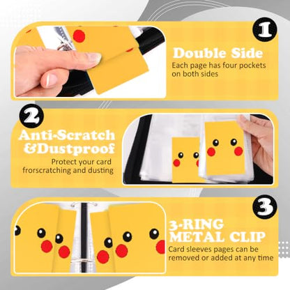 4 Pockets Trading Card Binder, 400 Card Holders with 50 Removable Sleeves, Portable Card Binder Album with zipper, Card holder Book for Game, Sport Collection (Bright yellow) - color: Bright yellow