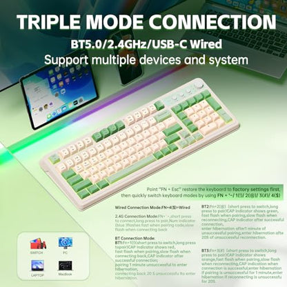 AULA S99 Gaming Keyboard, Wireless Green Creamy Computer Keyboards | Tri-Mode Bluetooth/2.4GHz/USB-C Membrane Keyboard with Number Pad,99Keys,RGB Backlit,Programmable,Creamy Silicone Structure - color: Green & Beige