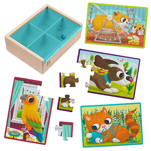 B. toys Wooden Puzzle Set, 4 Animal Puzzles with Wooden Box, Pets | Pack o' Puzzles - Pets includes 4 wooden 12-piece puzzles with cat, dog, bird, and hamster; color-coded backs; 3+ Years - style: Pets