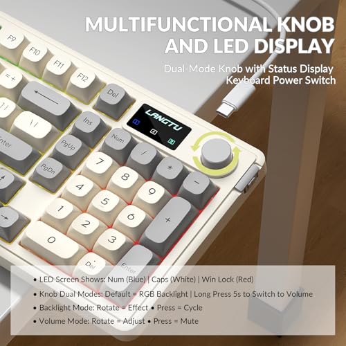 L98 Gaming Keyboard Wired, Cute Creamy Keyboard with Number Pad, Media Knob RGB Backlit, Quiet Office Computer Keyboards for PC Mac Laptop (Creamy Gray - Wired)