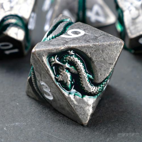 Serpent’s Cunning Metal DND Dice Set, 7 Piece Weighted Polyhedral Dice for Dungeons and Dragons, Balanced RPG Dice with Storage Case for Pathfinder Tabletop Games - color: Ancient Silver