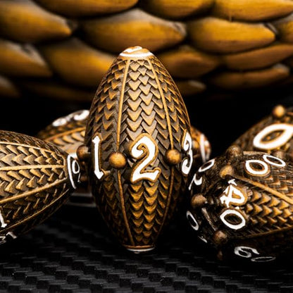 ARUOHHA DND Metal Dice Antique Gold Dragon Egg Dice with Rotating Dragon Egg Shell, Role Playing Game RPG Polyhedral D and D Dice Set D20 D12 D10 D8 D6 D4 - color: Ancient Gold