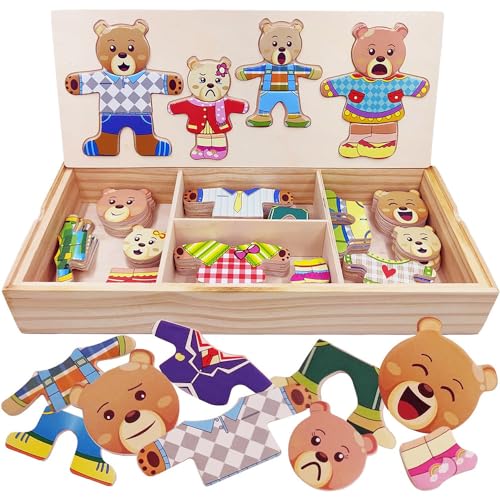 Wooden Bear Family Dress-up Puzzle Box for Toddlers(72pcs),Change Clothes Puzzle Games, Preschool Learning Activities Toys for Kids Ages 3+ - color: Bear