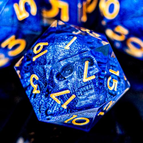 DND Skull Dice Set 7PCS Necromancer Polyhedral Dice for Dungeons Dragons RPG Role Playing Game, Resin Sharp Edged D and D Dice with Gift Box D6 D8 D10 D12 D20 (Golden Blue) - color: Blue&gold