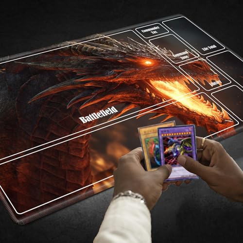 Board Game Mat TCG Playmat Plus 50 Pcs Card Sleeves, 24 x 14 inches Table Mats Games Mousepad with Zones Smooth Surface for MTG RPG CCG Trading Card Game Play Mats, Fiery Dragon - color: Fiery Dragon, size: Zone 1