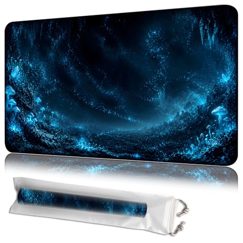 MTG Playmat with Storage Bag, Blue Glowing Mushroom Cave, 24 x 14 Inch Stitched Non Slip Rubber Trading Card Game Mat, 2mm Thick Tabletop Mat for Card Games - color: Blue Glowing Mushroom Cave, size: 24L x 14W inches