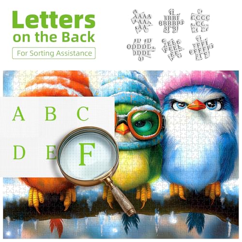 Whimsical Winter Birds 500 Piece Jigsaw Puzzle for Adults Cute Cartoon Colorful Owls in Hats Family Puzzles with Letters on Back Challenge Game Night Fun Gift (20"x20") - color: Whimsical Winter Birds
