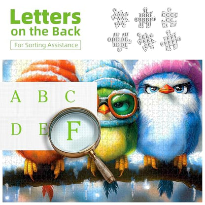 Whimsical Winter Birds 500 Piece Jigsaw Puzzle for Adults Cute Cartoon Colorful Owls in Hats Family Puzzles with Letters on Back Challenge Game Night Fun Gift (20"x20") - color: Whimsical Winter Birds