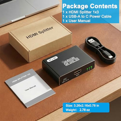 HDMI Splitter 1 in 3 Out, 4K HDMI Distributor for Triple Monitors, HDMI Splitter Copy 1 Source to 3 Displays at The Same Time for TV/Monitor/Projector/PS5/Laptop/STB (Power Cable Must Be Connected)