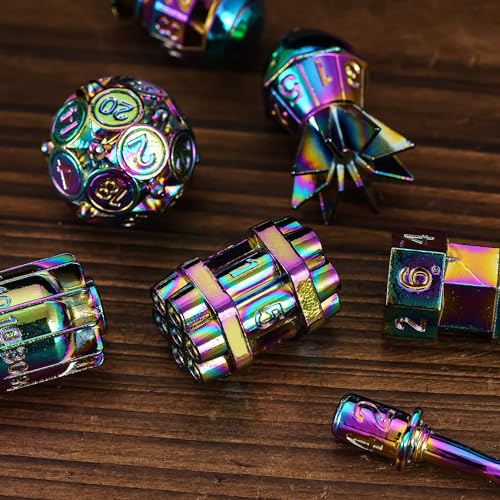 UDIXI Metal Dice Set D&D 7PCS RPG Polyhedral Metal DND Dice Set Rainbow | Bomb Shape, Solid Metal, Cool Design, Leather Pouch Pakaging, for Dungeons and Dragons Role Playing Games Tabletop Game - color: Colorful