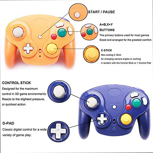 VTone Wireless Game Cube Controller, 2 Pieces 2.4G Wireless Classic Gamepad with Receiver Adapter for Wii Game Cube NGC GC (Orange and Dark Blue)