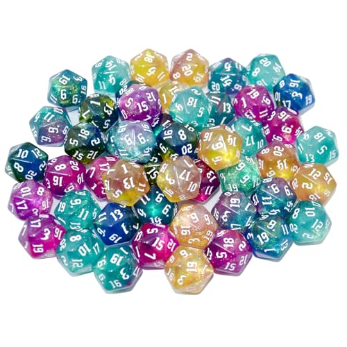 SmartDealsPro 50-Pack D6 D12 D20 6 12 20 Sided Dice Polyhedral Dice with Pouch for DND RPG MTG Table Game (D20, Sparkly Glitter) - color: Sparkly Glitter, style: D20