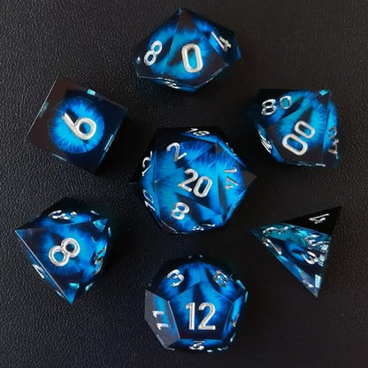 BESCON Dragon's Eye Sharp Edged Polyhedral Dice Set of 7, Handmade Dragon's Eye Dice for Role Playing Game - color: Blue Eye Set