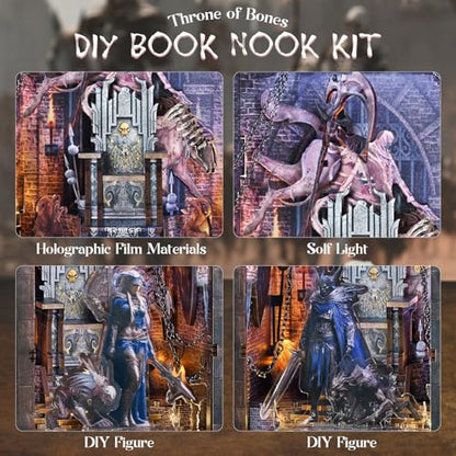 MiniCity Book Nook Kit - DIY Miniature House Kit for Adults and Teens, Dollhouse Booknook Tiny House Model Build Bookshelf Decor, Gifts for Family, Friends (Throne of Bones) | 4.5 x 4.5 x 7.1 in; 88-piece DIY kit with LED lighting; glue/tools included; 2-