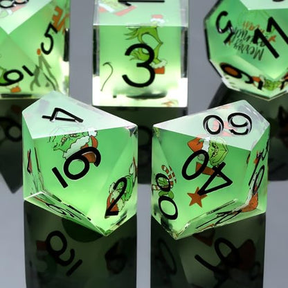 DNDND Full 7 Piece Sharp Edge Dice Set with Carton Stickers for Dungeons and Dragons D&D Table Games (Green with Carton) - color: Carton Green
