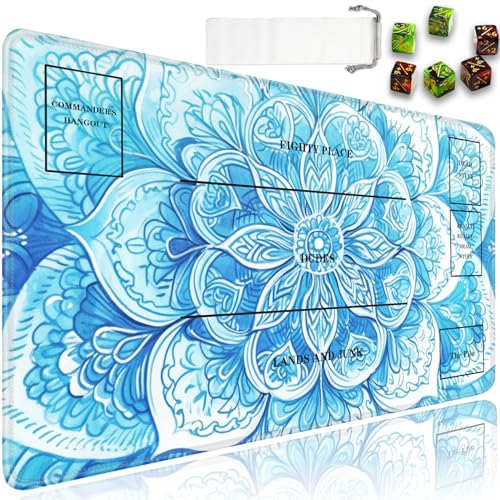 JVGFYNKL for MTG Playmat, 24 x 14 in for TCG Playmat with Zones,Trading Card Game Playmats with Storage Bag and 6 Dice, White for MTG Table Mat Card Accessories, Blue Mandala Flower - color: JV-Playmat-5K-4-F146