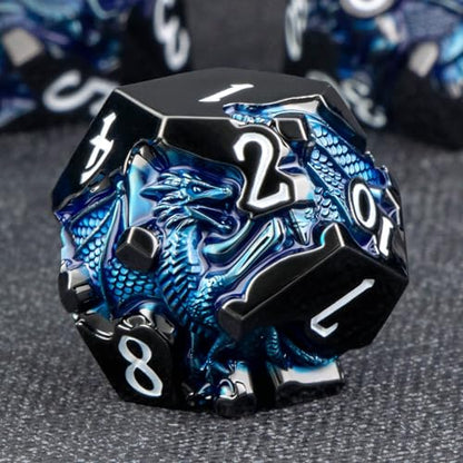 Roycevon Relief Dragon DND Dice Set for Role Playing Game, 7Pcs Metal D&D Dice Set Dungeons Dragons with Gift Box, Polyhedral D and D Dice D20 D12 D10 D8 D6 D4, Blue and White - color: Blue and White