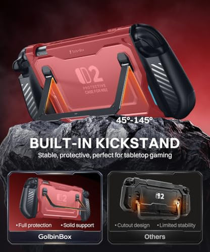 GolbinBox Hard Shell Case for Nintendo Switch 2 with Kickstand, Red | Magnetic split design, aluminum stand, military grade protection, detachable Joy-Con covers, for travel and commuting - color: Red
