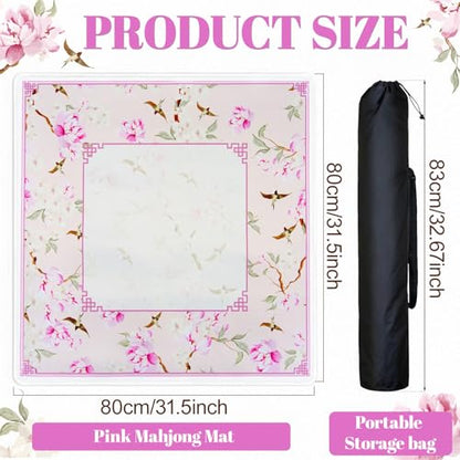 Pink Mahjong Mat with Rules Noise Mah Jongg Mat for Table, 31.5x31.5 Inch | Neoprene Mahjong Mat, Floral and Bird Pattern, Non-Slip Base, Noise-Reducing, Mahjong Table Cloth Ideal for Mahjong - style: Flowers & birds