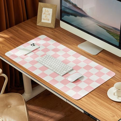 Ohocut Checkered Desk Mat, 31.5" x 15.7" Large Cute Pink Aesthetic Girl Women Accessories, PU Leather Computer Laptop Desk Mat, Mouse Keyboard Pad, Desk Writing Makeup Mat for Vanity Work/Home Decor - color: Pink, size: 31.5" x 15.7"