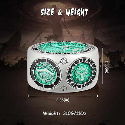 DNDND Unique Spinner D&D Dice, 8-in-1 Hexagonal Metal Dice with Dual D20 Monster Themed Dice Set for DND Dungeons and Dragons, Dungeon Masters with Collectible Gift Tin (Silver with Green) - color: Silver Green