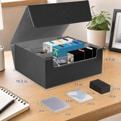 Trading Card Storage Box, Holds 1800 Sleeved Card, PU Magnetic Closure | 200 Toploaders and 600 Penny Sleeves INCLUDED, 10 Dividers and 6 Foam Stoppers INCLUDED, Fit for MTG, TCG and Sports Cards - color: Black and Grey