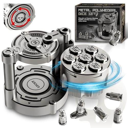 Metal Dice Set, 7 Piece Polyhedral Bullet Dice with Spinning Revolver Cylinder Case, Fidget Toy for Stress Relief, Cyberpunk Style Tabletop RPG Dice, Silver - color: Silver