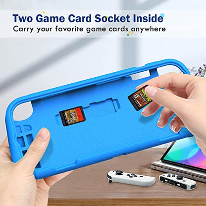 FINTIE Kid-Friendly Ultraligh Case for Nintendo Switch OLED Model (2021) | Game Card Slots, Ergonomic Grip Design, Lightweight EVA Foam, Anti-Scratch Protective Grip Case Cover, Blue - color: Blue