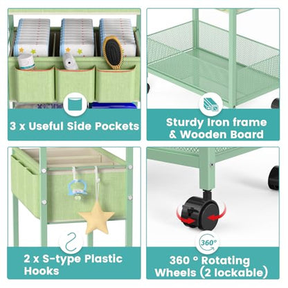 2in1 Baby Diaper Caddy Organizer Cart, 3-Tier Rolling Cart, Metal Diaper Caddy Carts, Bedside Carts for Nursery Essentials Storage, Detachable Dividers, Large Capacity, Green - color: Green