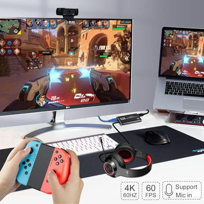 Video Capture Card, 4K HDMI Video Capture, USB 3.0 Game Capture Card, Video Capture Device Full HD 1080p 60FPS for Live Streaming, Work with PS4/PS5/Xbox/PC/Mac Linux Android Windows 10/11 - color: black
