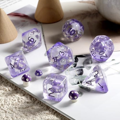 Mushroom Resin Dice Set D&D, DNDND 7PCS D&D Dice Set with Gift Velvet Bag for Dungeons and Dragons Role Playing Games and Tabletop Games（Purple Mushroom - color: Mushroom Purple